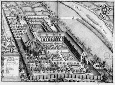 Engraved plate of the 17th century representing the Abbey of Saint-Crépin-Le-Grand of Soissons, in the book Monasticon Gallicanum by Michel Germain